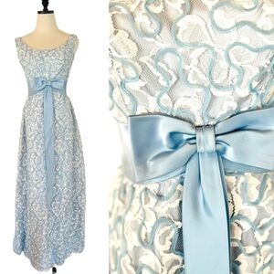 Vintage Blue and White Lace Gown with Satin Bow Small Unusual Pattern Applique